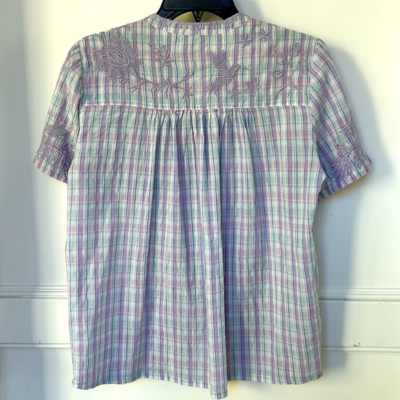 Johnny Was Malo Puff Sleeve Blouse Lilac Embroidered Plaid Bird Floral Small - Picture 10 of 13